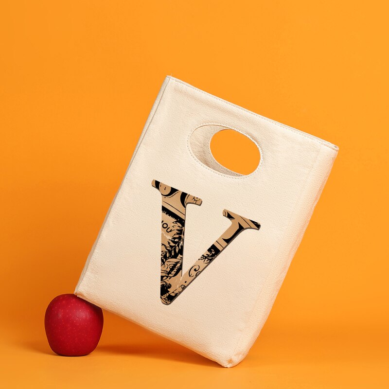 Brązowe litery ocieplana z płótna Unisex torba na Lunch wielokrotnego użytku śniadaniówka Organizer torba podróżna chłodzona: 9BrownV