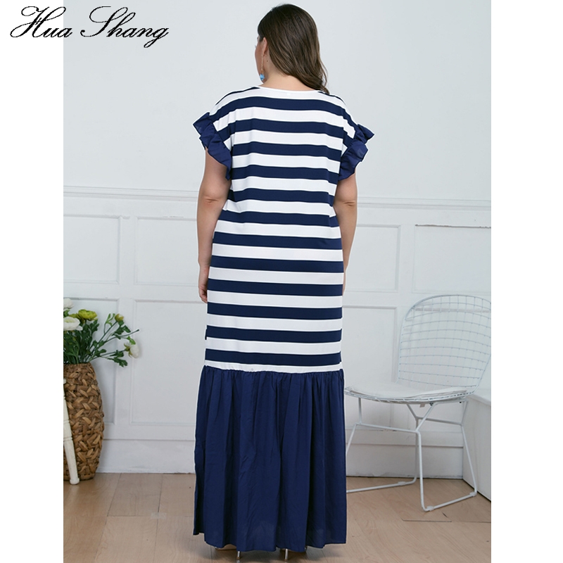 Plus Size Zomer Lange Jurk Vrouwen Zomer Ruches Korte Mouwen Gestreepte Print Patchwork Maxi Lange Jurk Dames Tuniek Strand Jurken