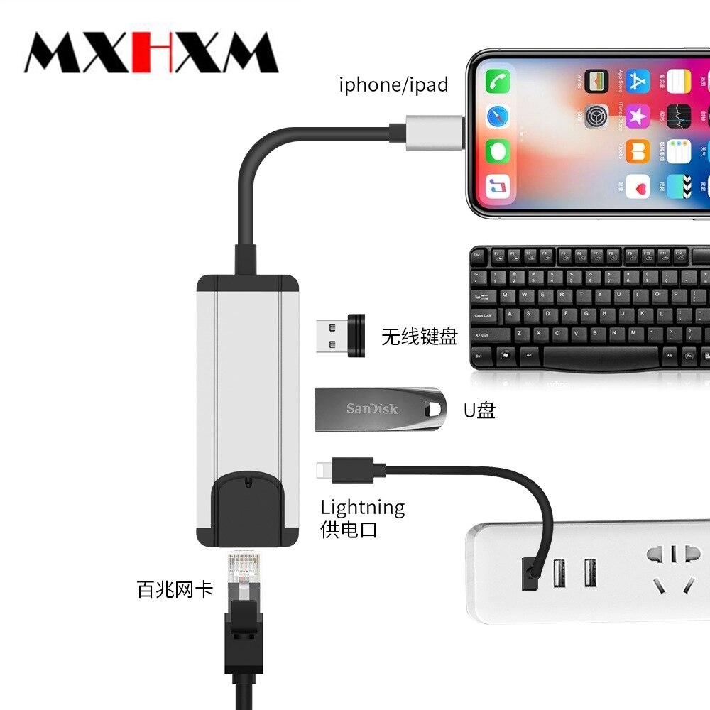 Mxhxm Voor Verlichting Om RJ45 USB2.0 2-Poort Hub Pd Opladen 100 M Netwerk Poort Geschikt Voor Iphone