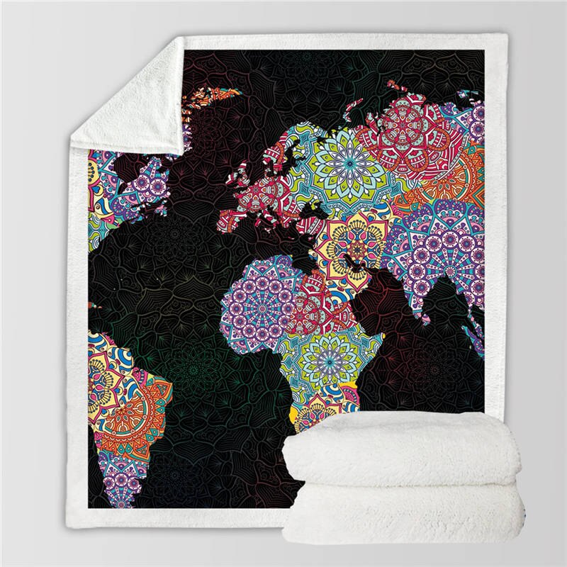Sengetøjoutlet verdenskort sherpa-tæppe levende trykt blåt fleecetæppe til senge super blødt hyggeligt plys sengetæpper 130 x 150: Kort 4 / 150 cm x 200cm