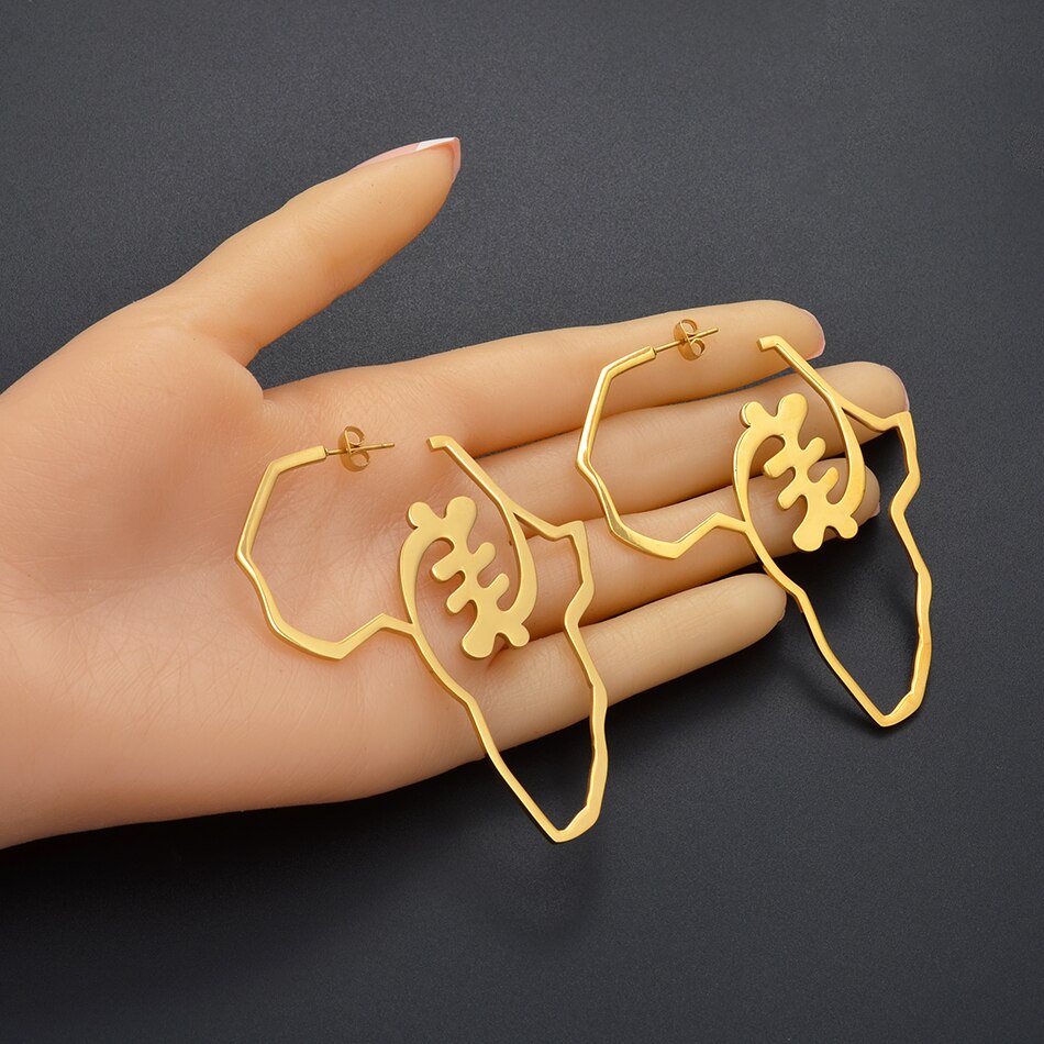 Anniyo Bigger Africa Map Earrings Gold Color Stainless Steel Adinkra Nyame Big Earrings Stud Ethnic large Jewelry Symbol #131221