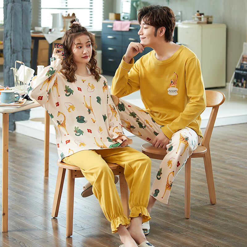 Bzel casal pijamas de algodão feminino conjunto de pijama casa terno moda xadrez calças soltas casuais confortavel macio pijamas