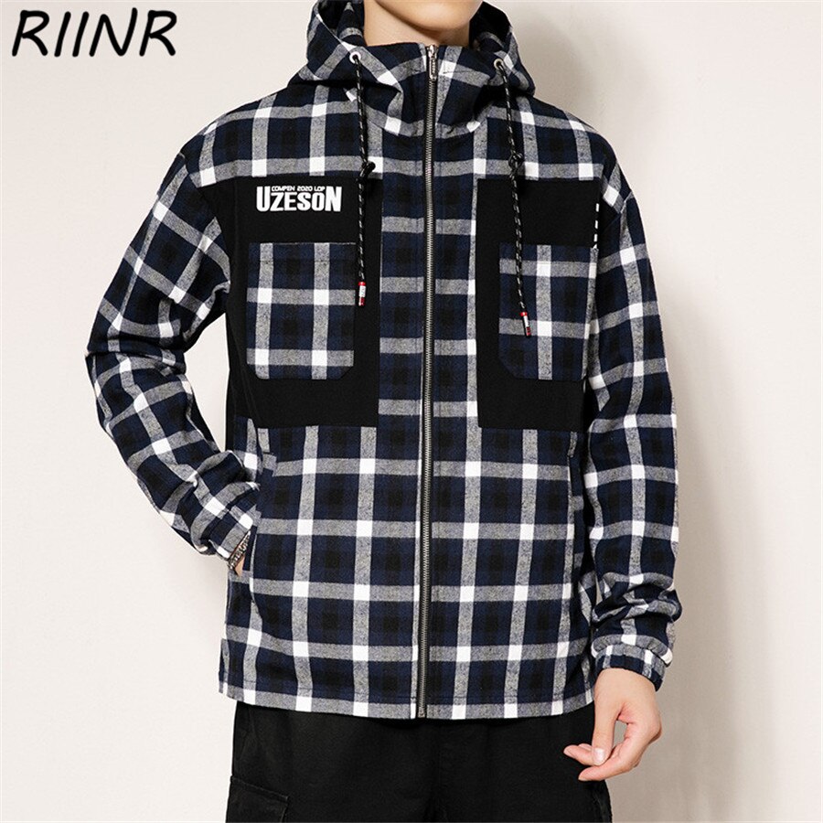Riinr lente en herfst heren geruite ritsjas met capuchon, kort model, jeugd all-match, casual jas met tooling pocket, m -3xl