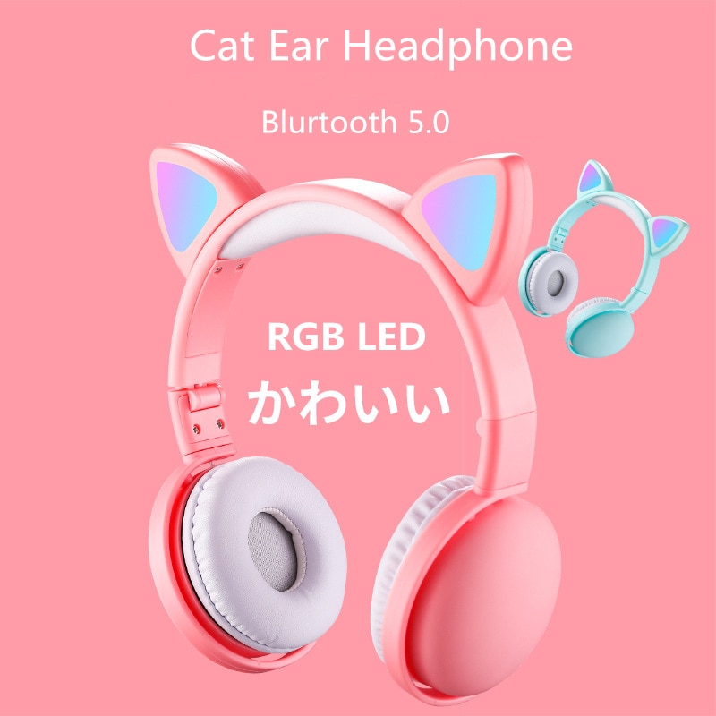 Kat Oor LED Hoofdtelefoon Noise-Canceling Bluetooth 5.0 Kinderen Meisjes en Jongens Vouwen Headset Ondersteuning TF Card 3.5mm plug Met Mic