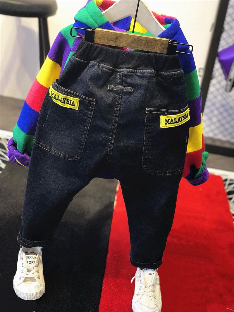 Merke gutteklær barn vinter gutter klær regnbuebar barn gutteklær sett fortykket hettegenser, fortykket jeans