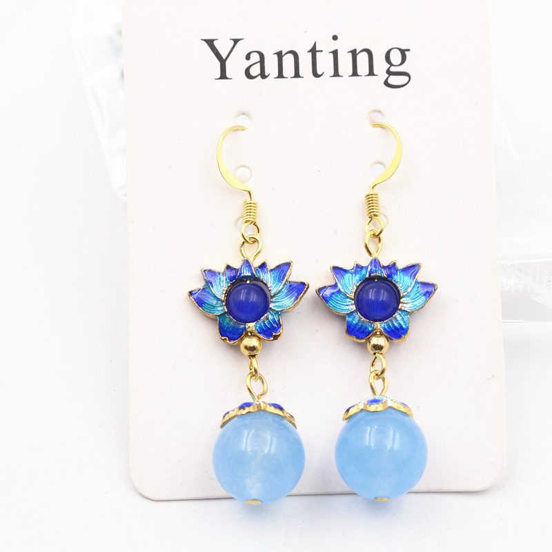 Yanting Cloisonne orecchini di loto per le donne perle di calcedonio blu orecchini dei monili di modo etnico orecchini regalo di compleanno 087