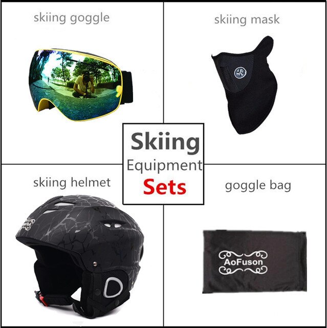 Snowboard Ski Helm Met Anti-Fog Ski Goggle Integraal Gegoten Ademend Helm Dubbele Lagen Grote Visie Skiën Goggle bril: Yellow Frame / 56cm-59cm