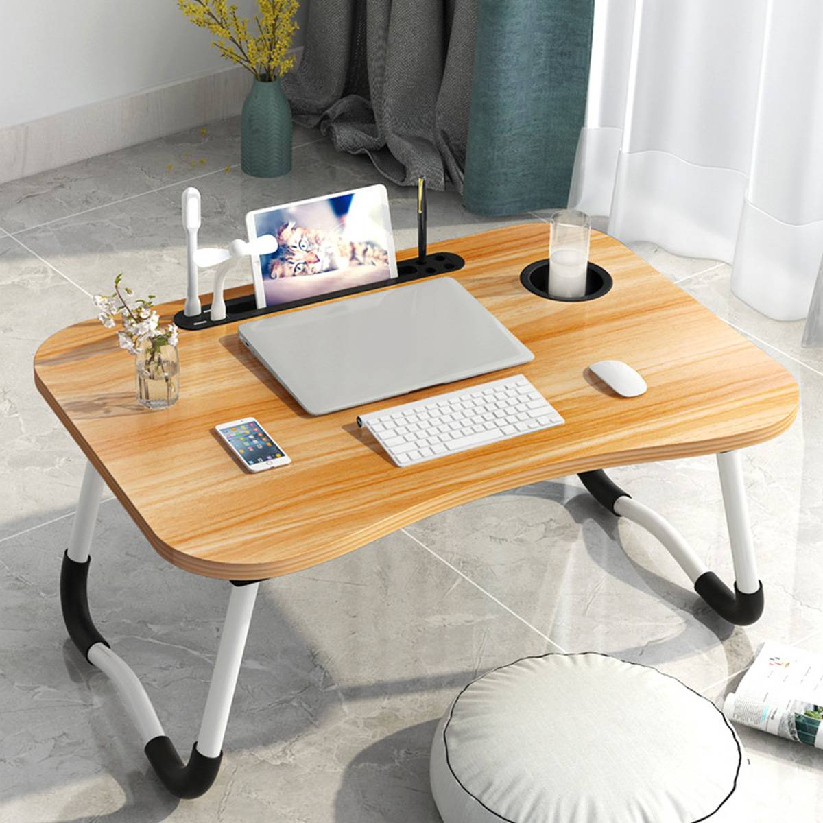 For Russian Folding Laptop Stand Holder Study Table Lamp Usb Fan Desk Wooden Computer Desk for Bed Sofa Tea Serving Table: Orange