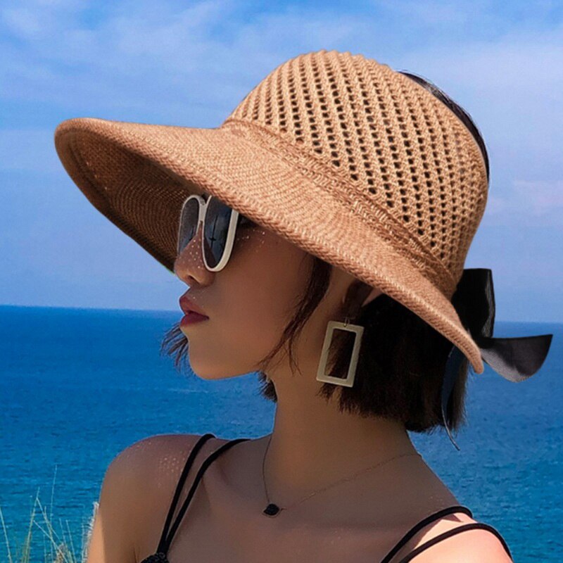 Sombreros de Sol para mujer, sombrero de paja plegable con lazo clásico, de ala grande, informal, para playa al aire libre, protección UV, para verano
