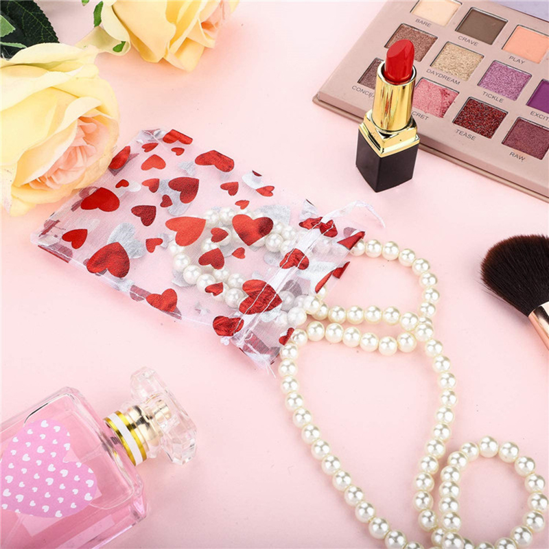 100Pcs Valentijnsdag Organza Zak Liefde Hart Trekkoord Sieraden Candy Bag Pounch Cosmetische Verpakking Tassen Wedding Party