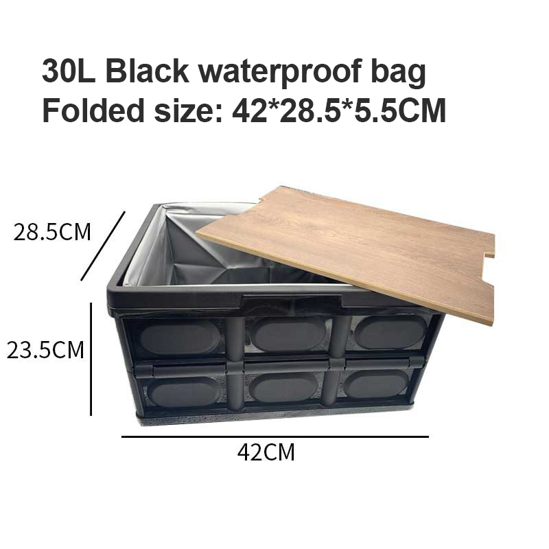 30L 56L Outdoor Plastic Folding Storage Box With Wooden Lid For Travel Organizer Car Sundries Food Container Lunchbox Fiambrera: Black 30L bag