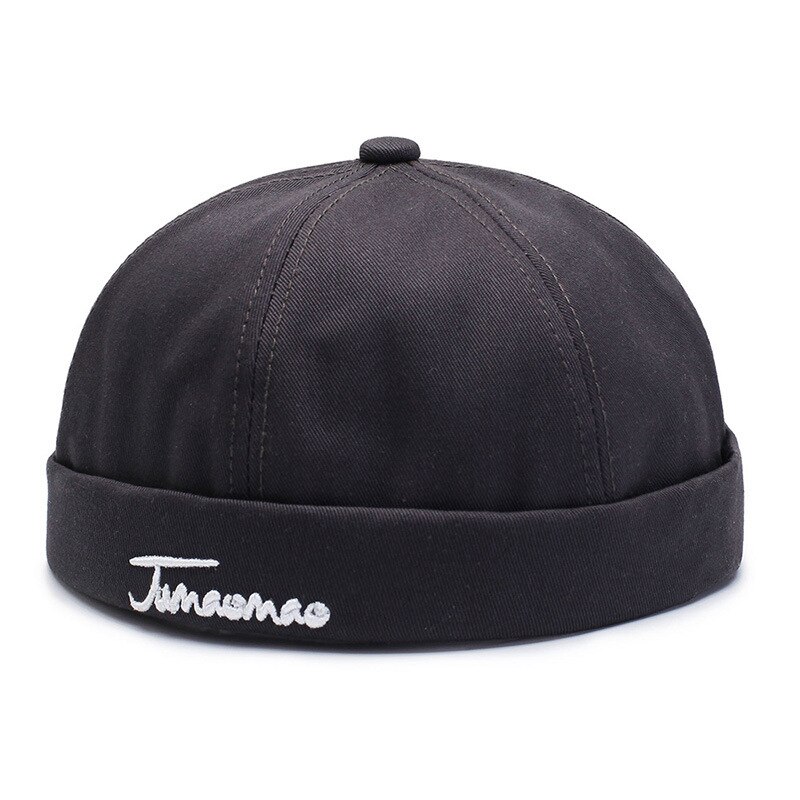 Skullcap bremless lue unisex skullcap sailor cap cuff vintage beanie lue solid bokstav broderi bomull kort beanie stropp cap: Grå