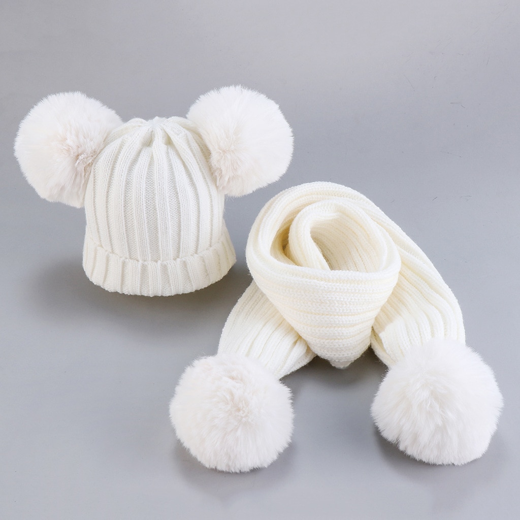 0-3Years Infant Baby Girls Boys Accessories Kids Ribbed Knitted Hats Scarf 2PCs Set Winter Warm Caps Solid Fuzzy Balls Beanies