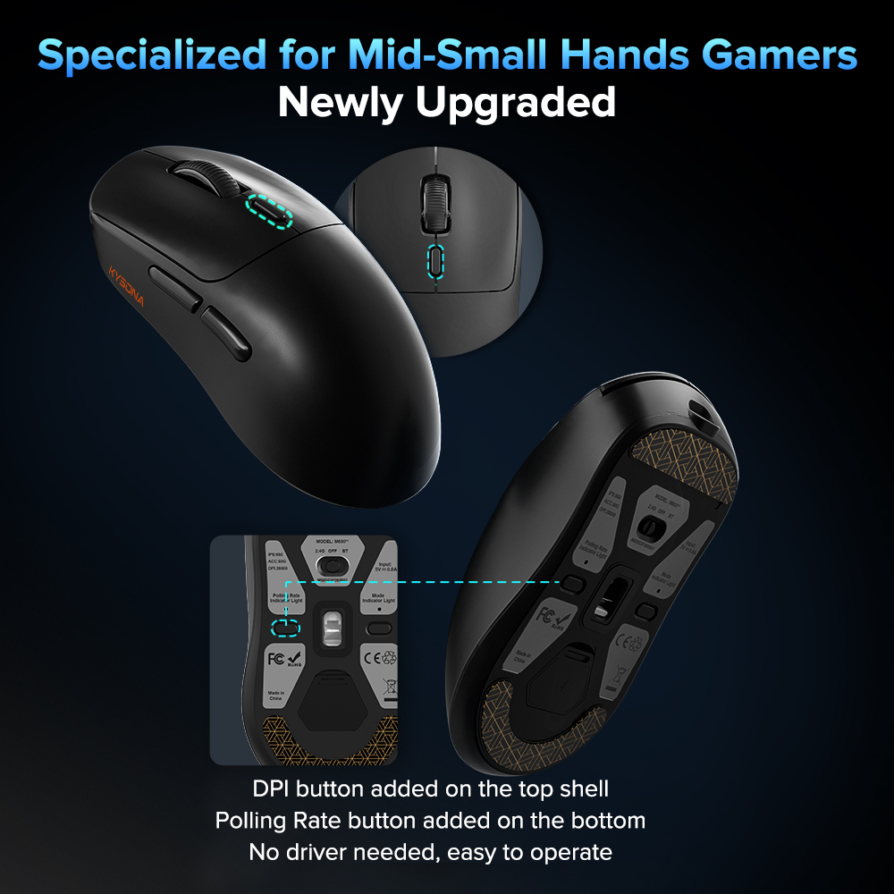 Kysona M600 V2 Schwarz PAW3395 Wireless Gaming Esports Maus 55g 26000DPI 6 Tasten Optische PAM3395 Computer Mäuse für Laptop PC