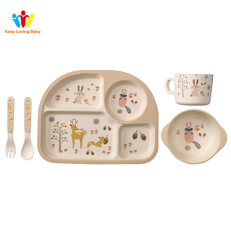 Cubertería de cuatro platos para niños de fibra de bambú, cubertería portátil con dibujos bonitos para bebé, tenedor, vajilla para bebé