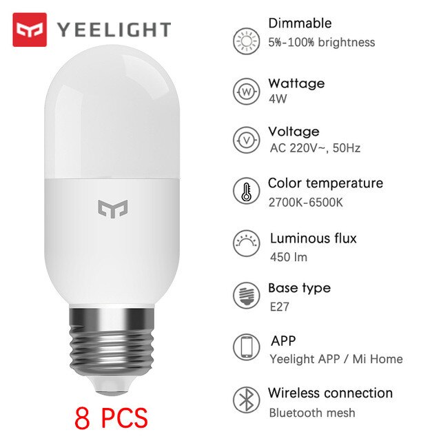 Yeelight-bombilla de temperatura de Color M2, malla Bluetooth E14 E27, malla Bluetooth, Control por aplicación para Apple Homekit Mihome App: E27 8Pcs