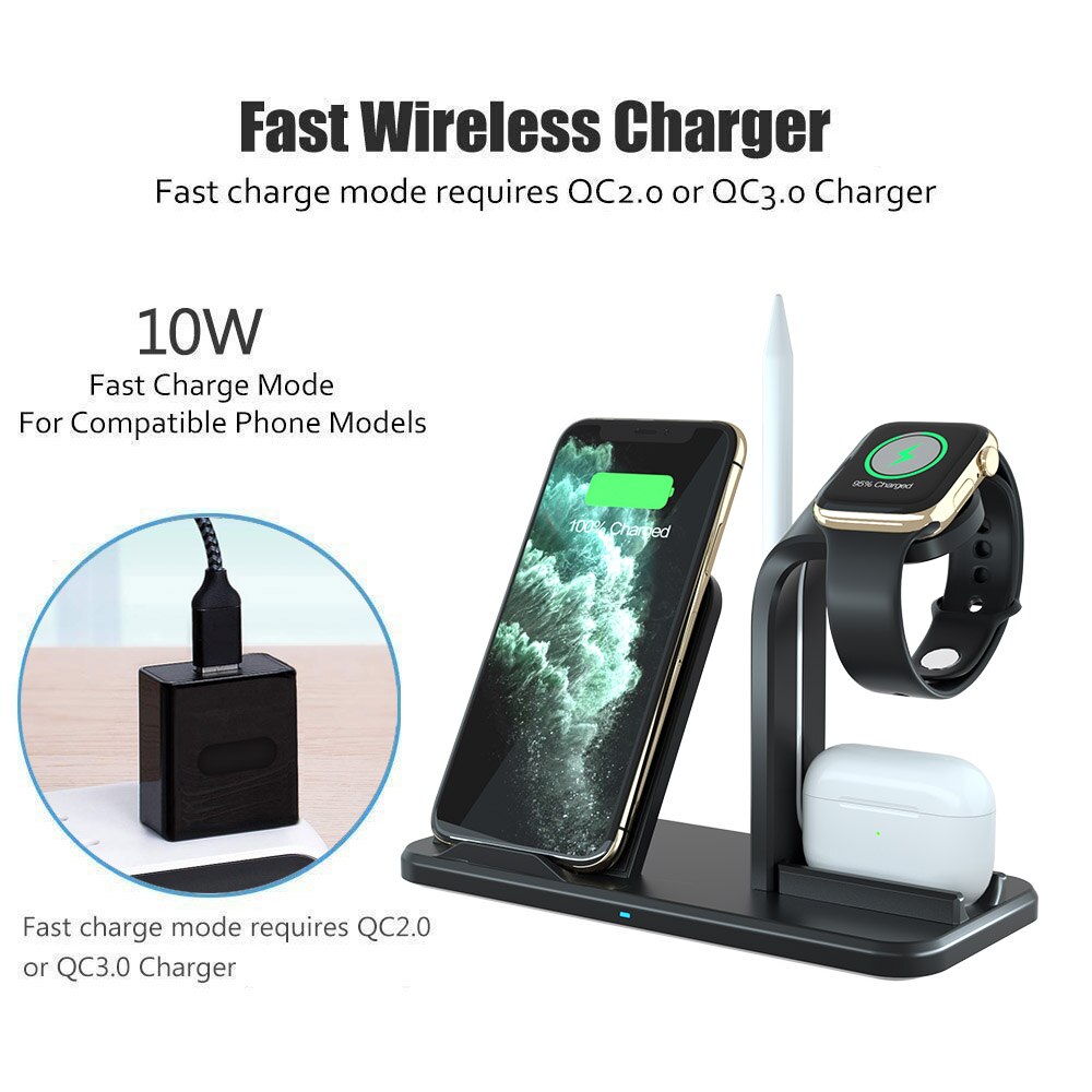 Fdgao 3- i -1 opladerstander til apple watch 5/4/3/2 10w hurtig qi trådløs oplader dockstation til iphone 11 xs xr 8 airpods pro