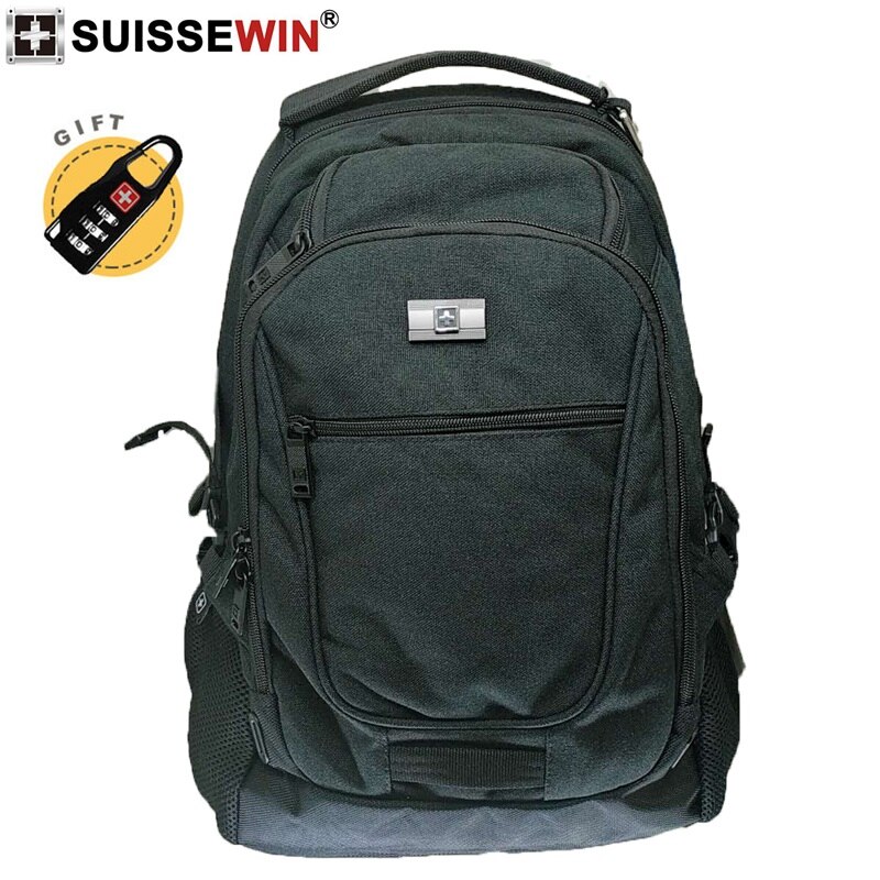 Swiss SUISSEWIN black nylon 17 inch laptop backpack large capacity portable school bag business travel for men: Default Title