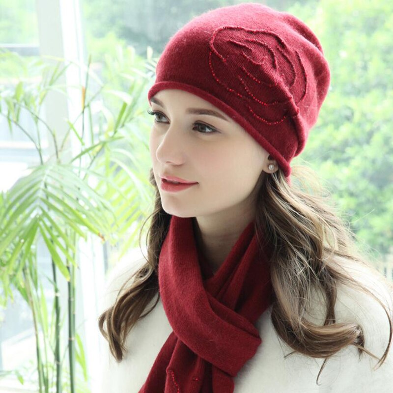 Kvinder hat tørklæde sæt efterår vinter uld hatte afslappet varm baret stil kvindelige beanies: Rødvin