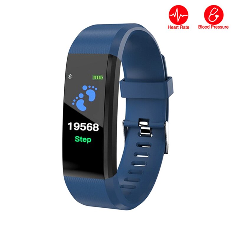 Color Screen smart Bluetooth fitness pedometer step counter wrist sleep heart rate monitoring watch with calorie running tracker: Blue