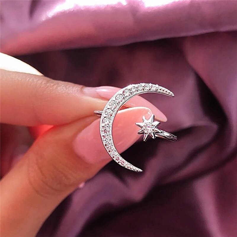 Skinnende ring halvmåne & lille stjerne blændende justerbar åben fingerring ringe i enkel stil til kvinder