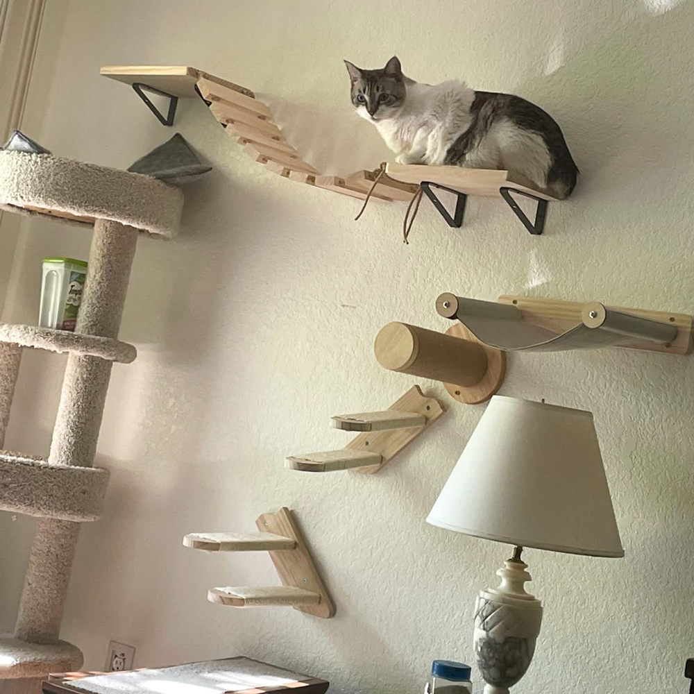 Cat Tree Wall Mounted Cat Climbing Wood Shelves Cat Jumping Platform or Hammock with Stairway for Kitten Playground Furniture