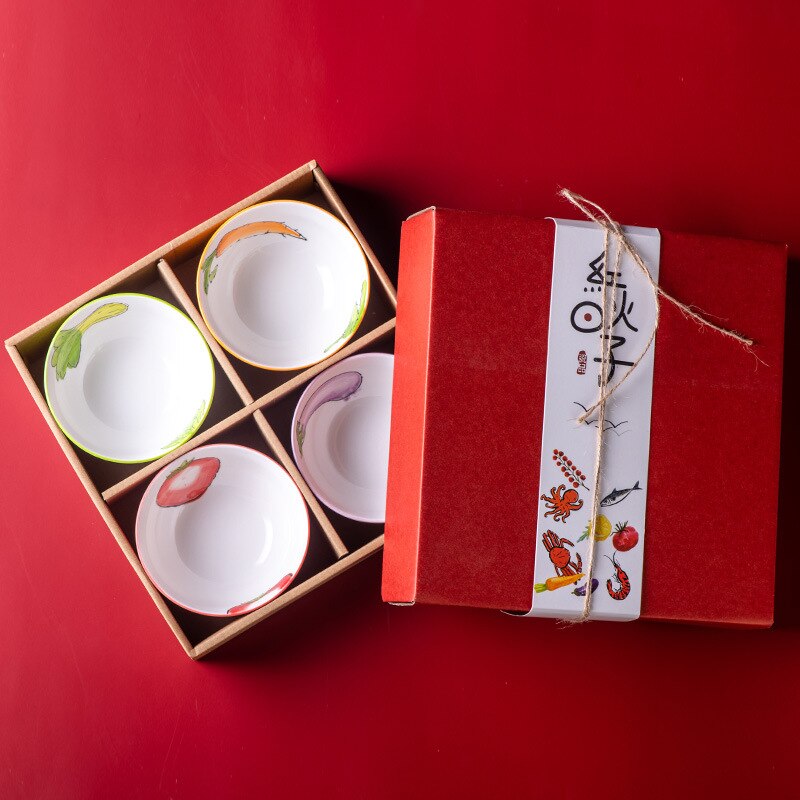 Japanese Ceramic Tableware Set Box Rice Soup Noodle Salad Bowl Seasoning Small Bowl Hand-painted Underglaze Candy Bowl: Vegetables-4 pcs