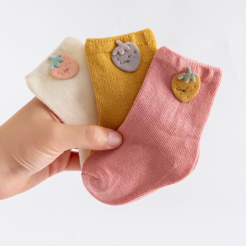 3Pairs Kids Cartoon Sokken Dier Fruit Baby Sokjes Effen Kleur Zachte Katoen Meisje Jongen Korte Sokken Voor Baby peuter 6-12M: strawberry