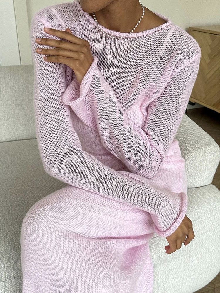 Forår efterår o-hals elastisk strik lange kjoler kvinder chic blød dame udhulende sweaterkjoler femme