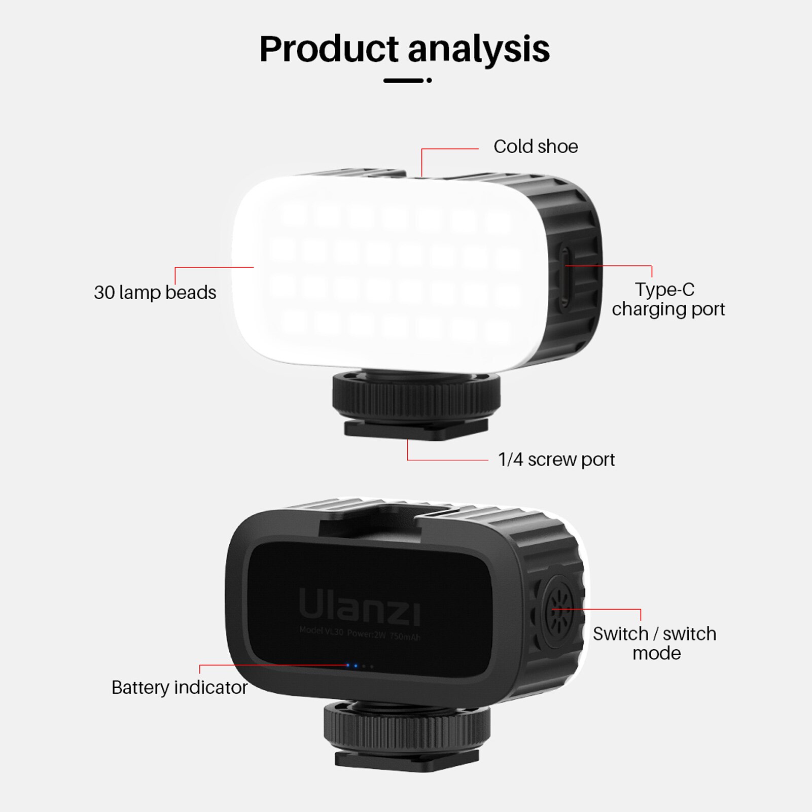 Ulanzi VL30 Mini Led Video Light 5600K Op-Camera Fill Licht Ingebouwde Lithum Batterij Met Koud shoe Mount Diffuser Voor Vlog