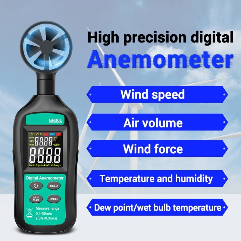 bon anémomètre numérique GN301 0-30 m/s compteur de vitesse du vent thermomètre hygromètre testeur anémometro avec écran rétroéclairé LCD