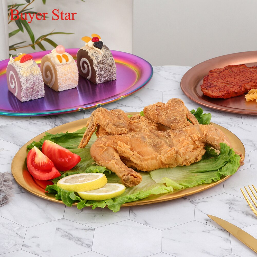 Golden Rvs Opslag Lade Metalen Ovale Diner Plaat Cake Display Keuken Huishoudelijke Fruit Salade Borden Westerse Steak Lade