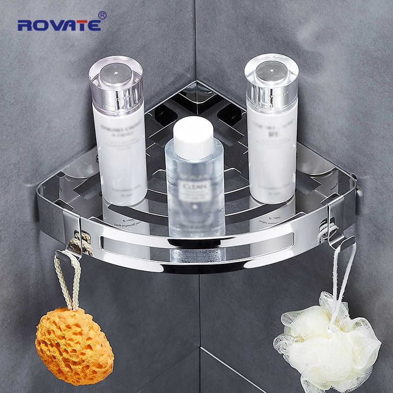 ROVATE Shower Corner Caddy Bathroom Shower Corner Shelf with Two Hooks, Heavy Duty Storage Shelves Triangle Basket