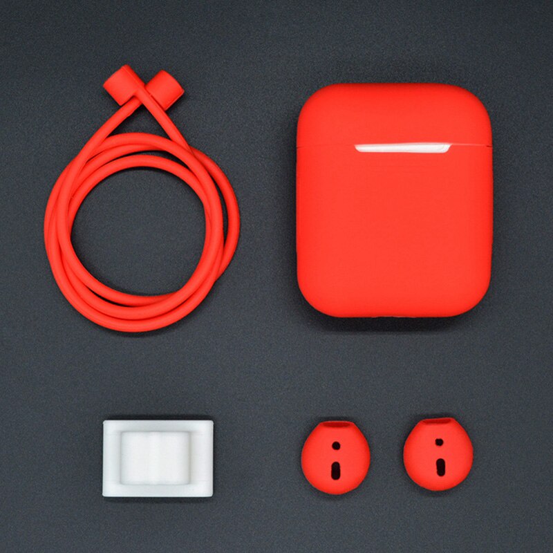 Funda de silicona 4 en 1 para Airpods 1 y 2, funda protectora para AirPods 1 y 2, Correa antipérdida para Apple Airpods 1 y 2: Red combination