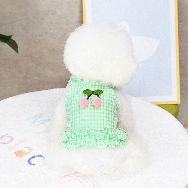 Ropa de verano para perros, vestido de tirantes de cereza a cuadros, falda fina con protector solar para perros pequeños, disfraz de Chihuahua, Bichon, caniche, vestidos para cachorros y mascotas