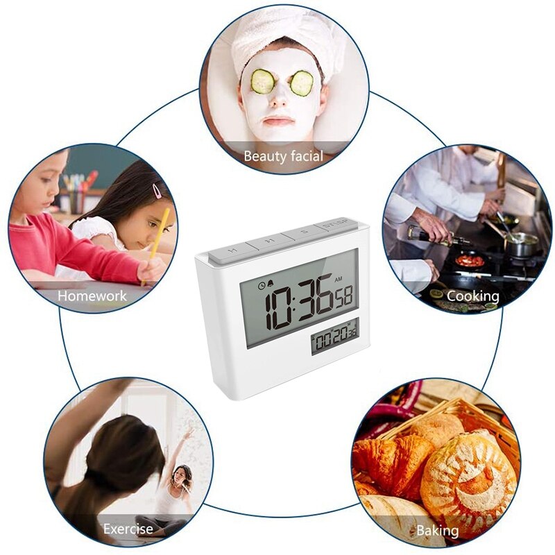 Digital Timer with Clock, Digital Alarm Clock, Timer Mode, Electronic Timer, Timer and Clock LCD Display for Kitchen