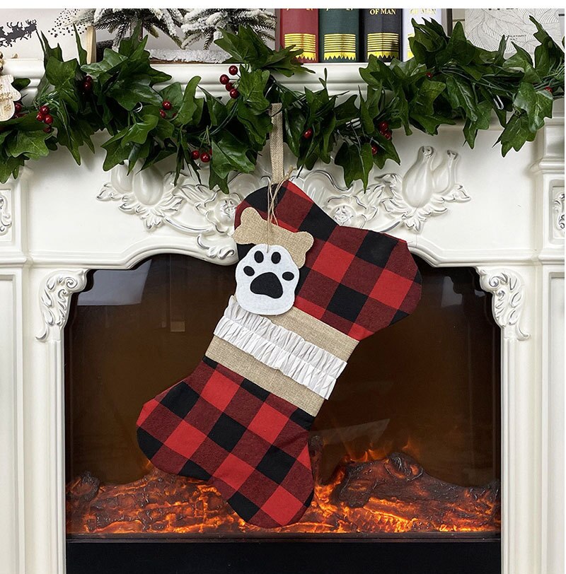 Kerst Kousen Bag Jute Plaid Bone Vormige C Opknoping Xmas Sokken Snoepzak Feestartikelen J2Y: red