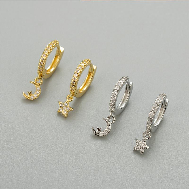 SIPENGJEL-pendientes colgantes de estrella plateada para mujer, aretes delicados de aro con forma de luna y Estrella, joyería para