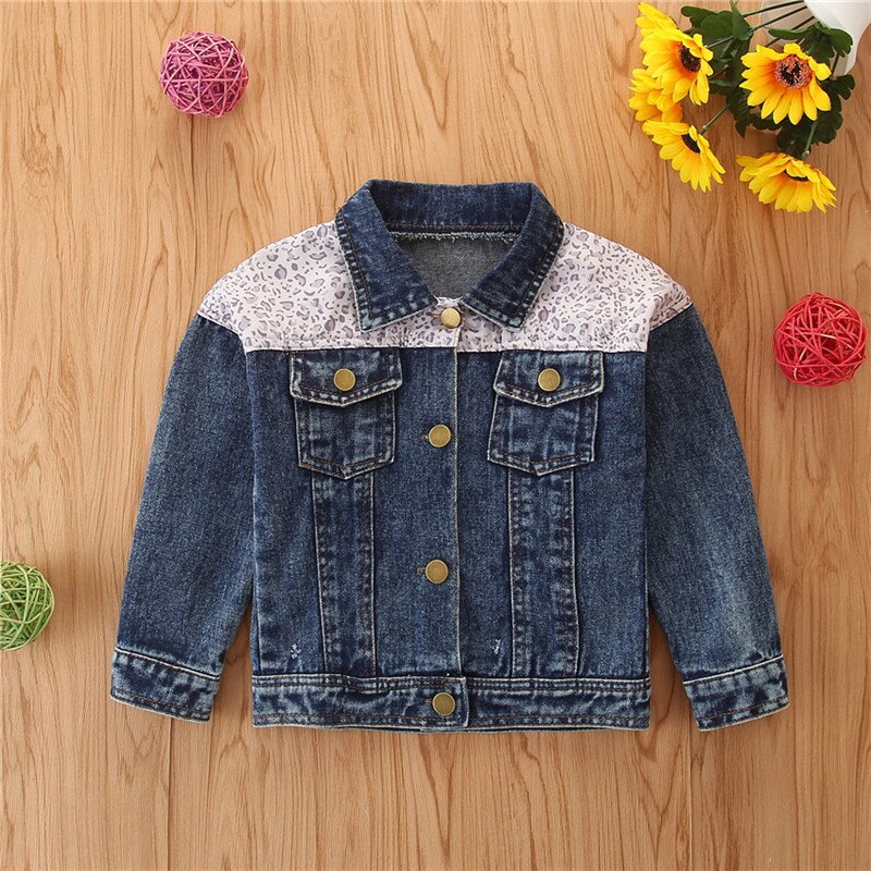 Baby Girl Coat Autumn Baby Girls Clothes Lapel Leopard Stitched Denim Jacket Coat Manteau Fille Ropa Bebe куртка детская: 5T