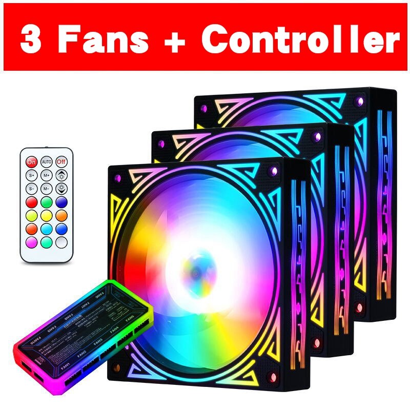 Cooling RGB Fan 120mm with Remote Control Controller Adjustable Speed Adjust LED 12CM PC Case Fans for Computer Components: 3 fan and controller
