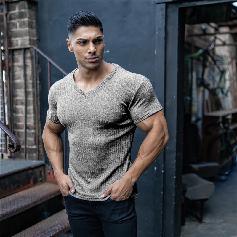 Zomer hardloopshirt met v-hals en korte mouwen, gebreid t-shirt voor heren, sportshirt, slim fit t-shirt, fitness, bodybuilding, trainingskleding