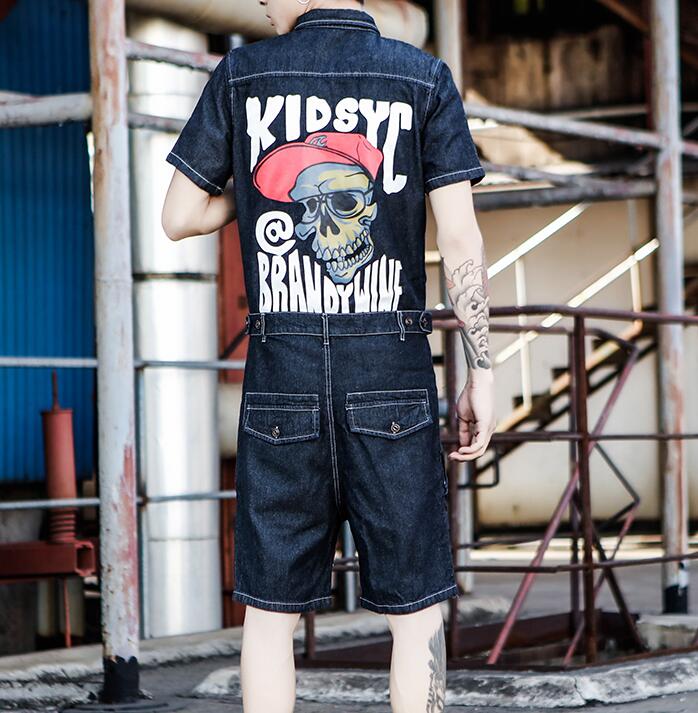 Jeans jumpsuit kortärmad herr one piece overall punk skull print herr jeansbyxor jumpsuits sommar herr set: Mörkblå / L