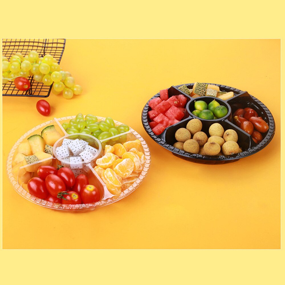 10PCS Disposable 5 Compartment Food Storage Containers Round Salad Fruits Box with Lids