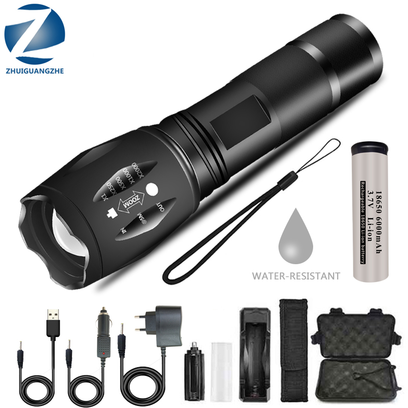 Zhuiguangzhe led-lommelygte ultralys lommelygte  l2/v6 camping 5 switch-tilstande vandtæt zoombar cykellygte bruger 18650 batterier