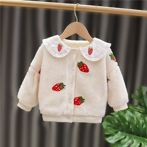Baby Meisje Kleding Herfst En Winter Meisjes Plus Fleece Jas Babykleertjes Fruit Patroon Thicken Winddicht Vest Jas: Beige / 18m