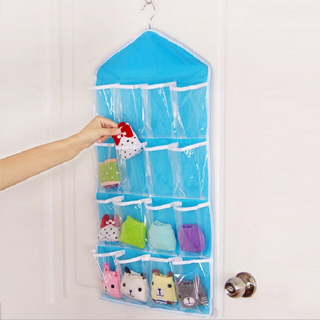2 Packs 16 Pockets Sock Bra Underwear Hanging Organizer Tidy Rack Hanger Storage Door Bag for Bathroom Living Room Home Sundries: 2 pcs Blue
