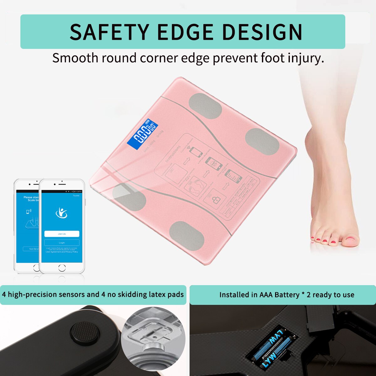 Balance électronique intelligente de salle de bain, Bluetooth, graisse corporelle, LED, 18 données, analyseur d&#39;imc, synchronisation avec application rose