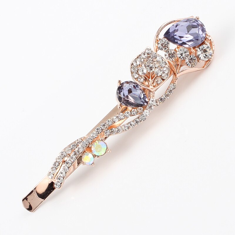 1 PC hair clip women flower rhinestones blue pink purple girls brand hairclip K9 crystal stones golden alloy head jewelry: Purple