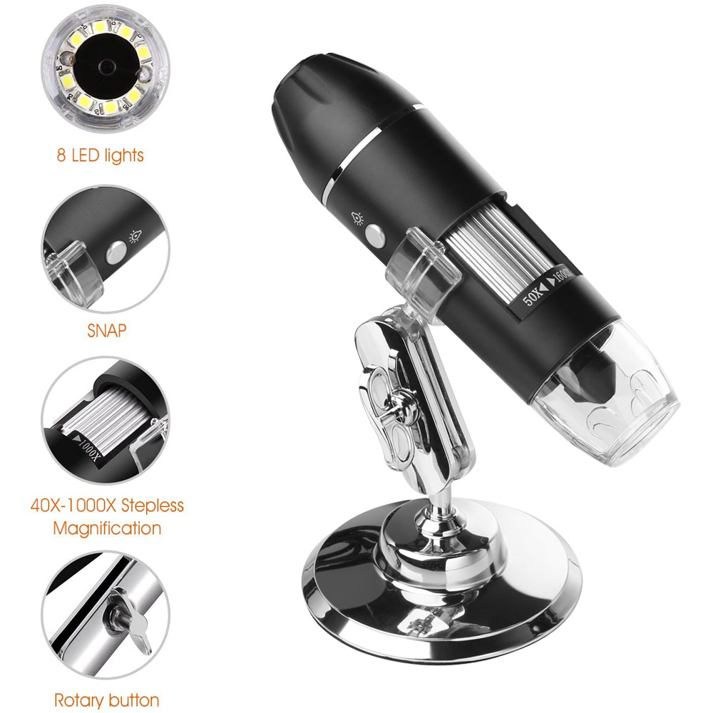 Microscopio Digital USB de 40X a 1000X 1600x Bysameyee, endoscopio con 8 LED de aumento, cámara con Estuche de transporte y soporte de Metal
