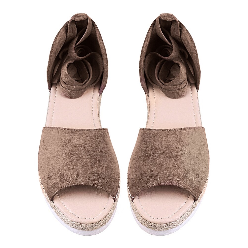 Sandalias planas a la con plataforma y correa en el tobillo sandalias de gladiador de Punta abierta con cordones casuales chanclas Roma verano Zapatos femeninos: Caqui / 7.5